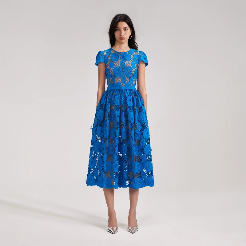 black midi dresses for summer -Midi dress with puffball skirt,Blue Poppy Midi Dress