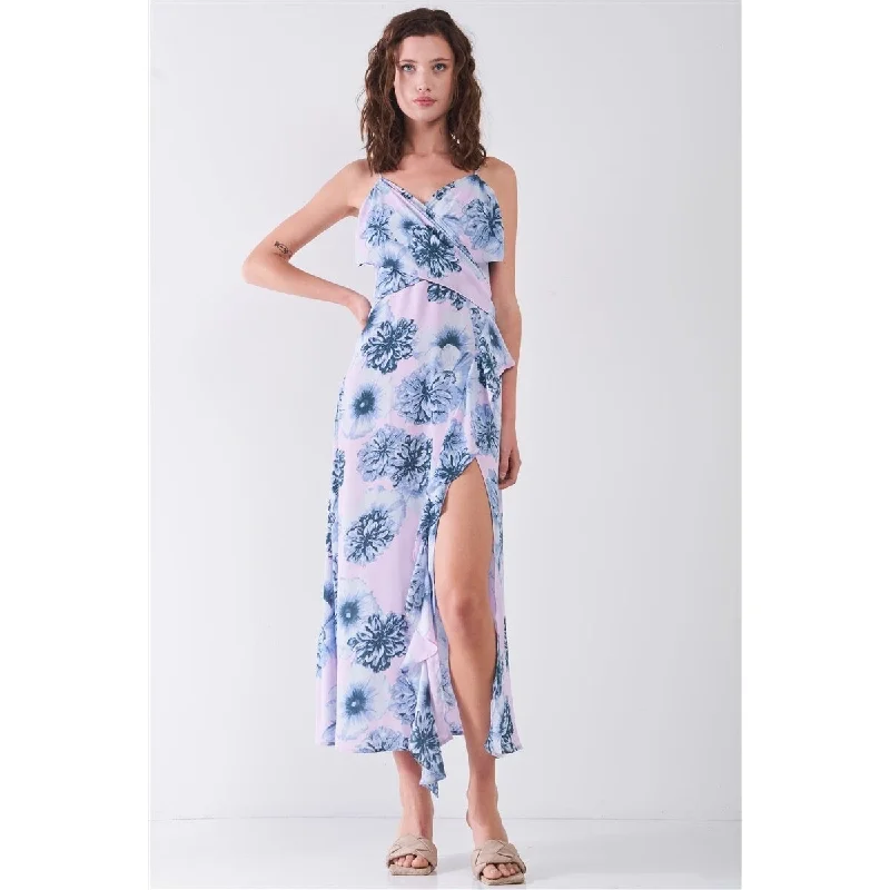 plus size midi dresses online -Midi dress with satin fabric,Floral Print Sleeveless SelfTie Wide Wrap Front Ruffle Hem Side Slit Detail Midi Dress