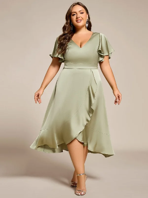 plus size midi dresses on sale -Midi dress with smocked bodice,Plus Size V-Neck Satin Midi Wedding Guest Dress with Ruffled Skirt