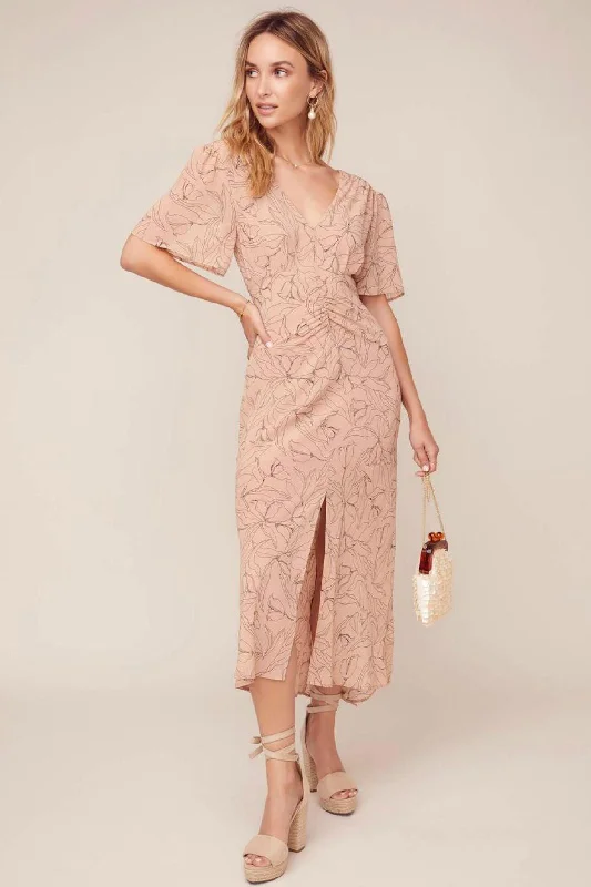 casual midi dresses online -Midi dress with cool tones,Kindred Floral Midi Dress