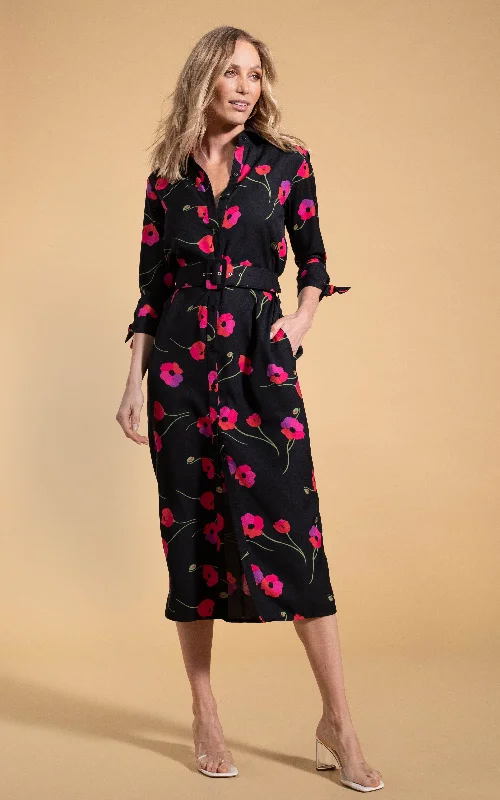 red midi dresses for summer -Midi dress with polka dots,Alva Midi Shirt Dress in Poppies on Black