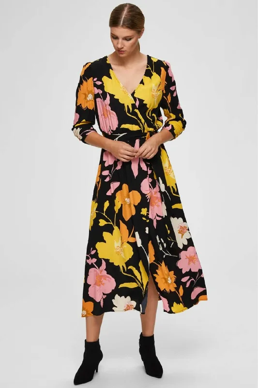 yellow midi dresses for beach -Midi dress with polka dots,Floral Print Midi Dress