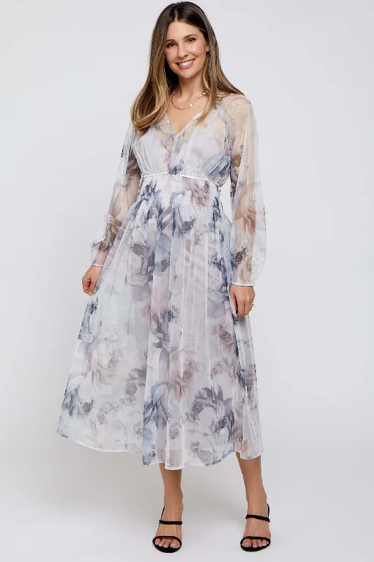 cheap midi dresses online -Midi dress with iridescent finish,Grey Floral Mesh Smocked Maternity Midi Dress