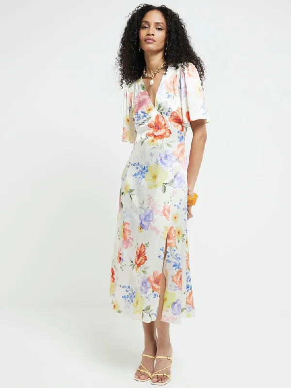 affordable midi dresses for summer -Casual midi dress for work,White satin floral swing midi dress