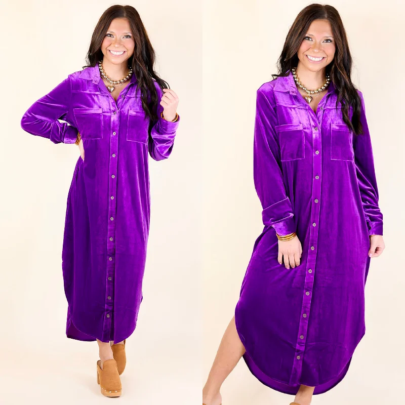 blue midi dresses for women -Midi dress for cocktail parties,London Fog Velvet Button Up Midi Dress with Long Sleeves in Purple