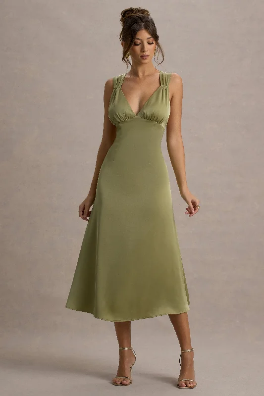 designer midi dresses for date -Midi dress with elastic waistband,Beck | Light Green Satin Plunge-Neck Cross-Back Midi Dress