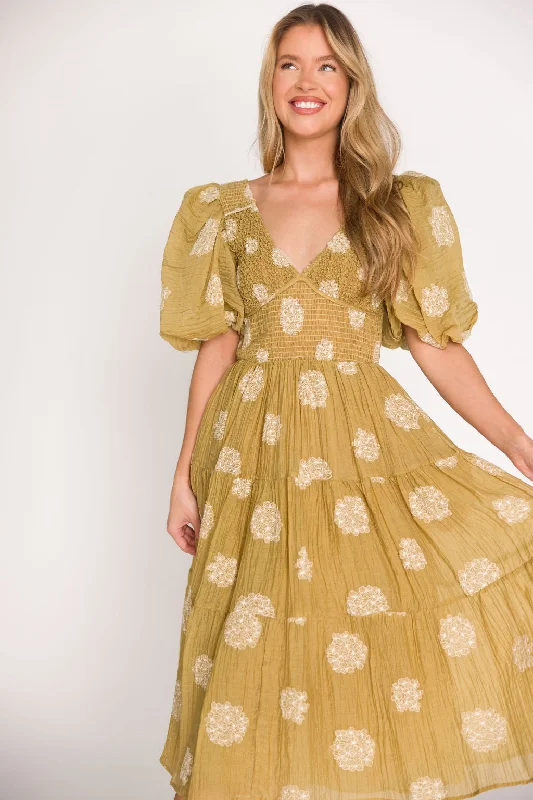 affordable midi dresses for prom -Midi dress with bell sleeves,Archer Embroidered Floral Puff Sleeve Midi Dress in Olive