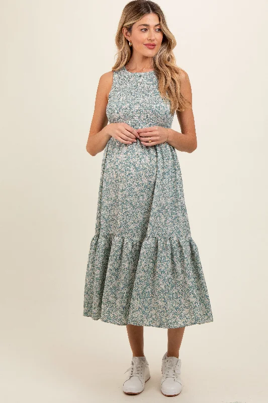 designer midi dresses online -Midi dress with sweetheart neckline,Teal Floral Smocked Ruffle Hem Sleeveless Maternity Midi Dress