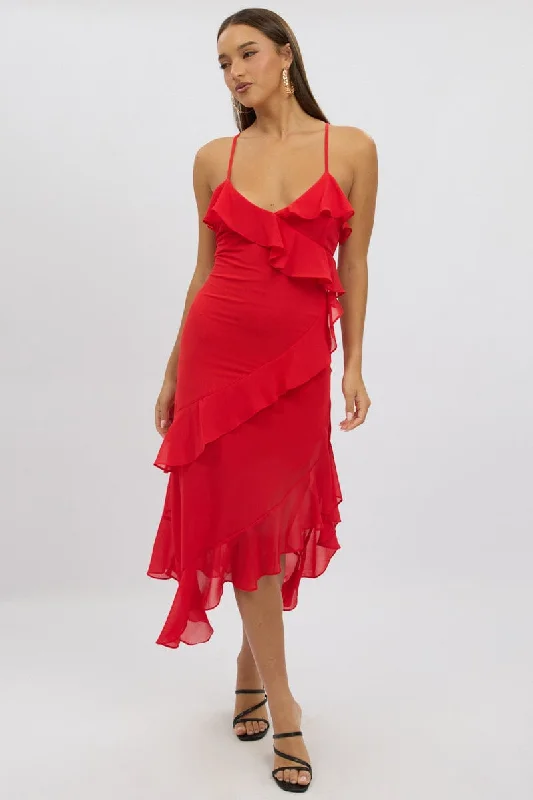 cotton midi dresses online -Midi dress with smocked bodice,Red Midi Dress Ruffle Detail