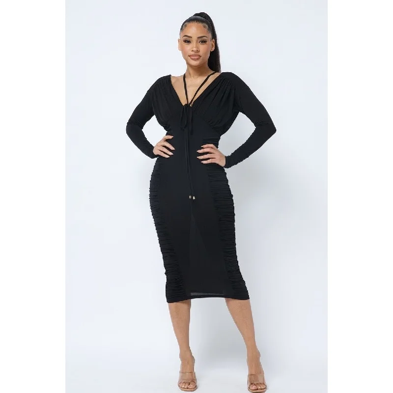 boho midi dresses for sale -Midi dress with voluminous sleeves,Long Sleeve Midi Dress With Low V Neck Front And Back With Ruching On Sides And Chest