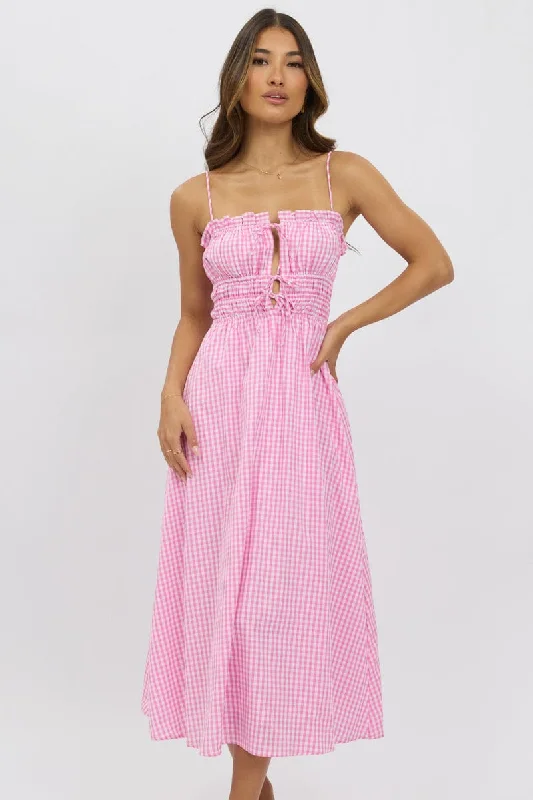 affordable midi dresses for sale -Midi dress with tie waist,Pink Check Midi Dress Ribbon Detail Strappy