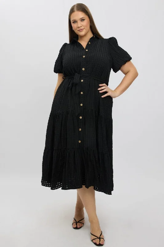 cotton midi dresses for sale -Midi dress with layered look,Black Midi Dress Short Sleeve Tiered Shirt