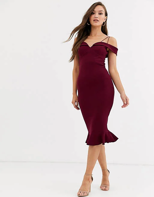 affordable midi dresses for date -Midi dress with mesh insert,Strappy Bardot Midi Dress Burgundy