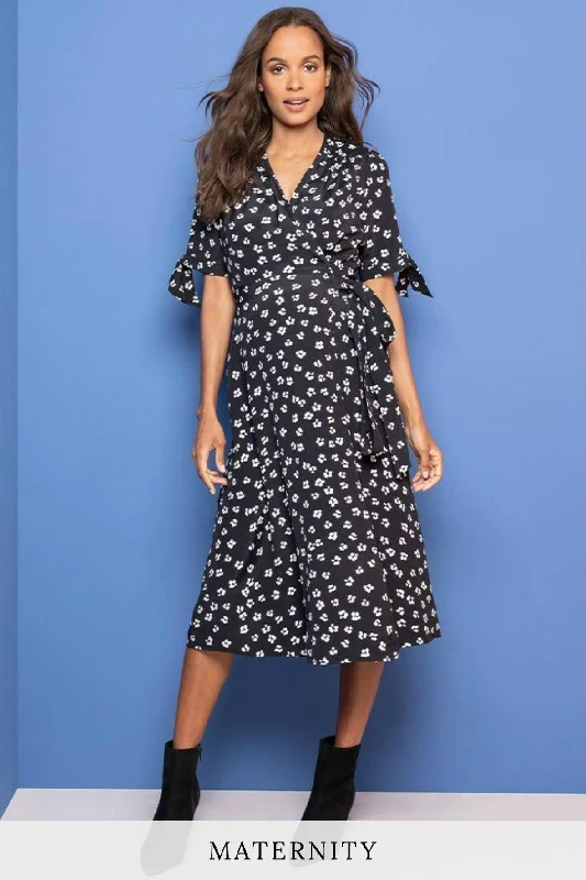 cotton midi dresses online -Midi dress with patchwork design,Bessie Midi Wrap Maternity Dress Black