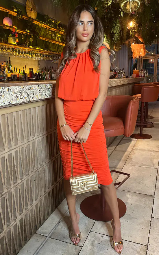 affordable midi dresses for events -Midi dress with tulip hem,Burnt Orange Ruched Skirt Bodycon Midi Dress