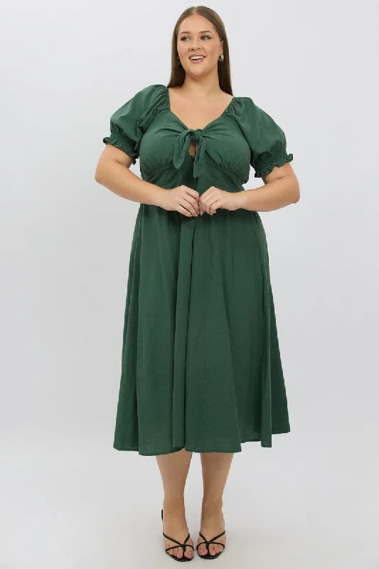 elegant midi dresses for summer -Midi dress with one shoulder,Green Midi Dress Short Sleeve Tie Front