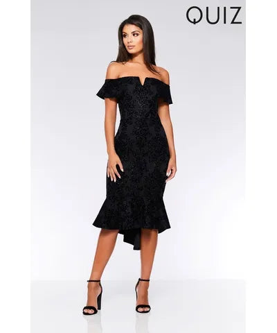 affordable midi dresses for women -Midi dress with metallic threads,Black Bardot Frill Midi Dress