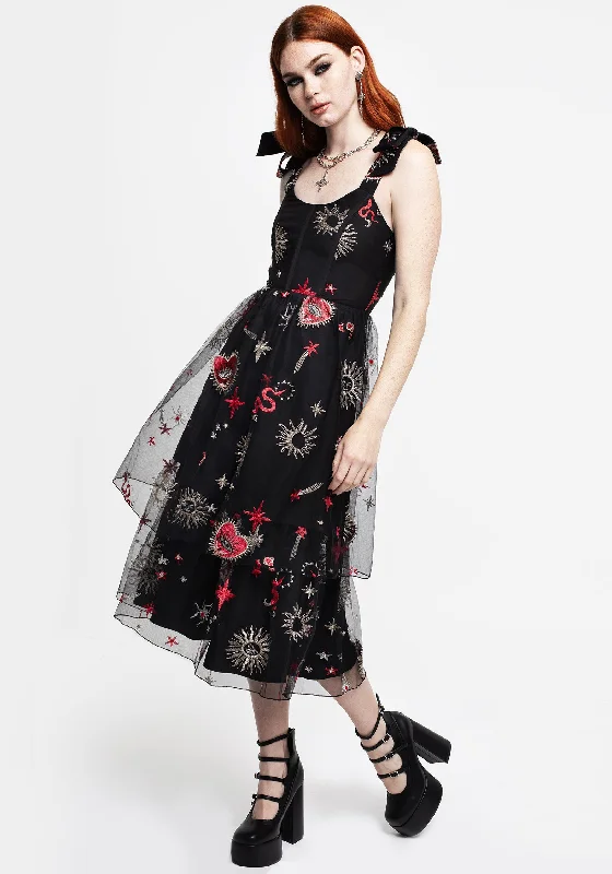 floral midi dresses with sleeves -Midi dress with iridescent finish,Bloodlust Embroidered Corset Midi Dress