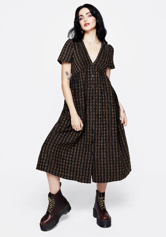 elegant midi dresses for summer -Midi dress with lace-up front,Rydal Check Button Up Midi Dress - Brown