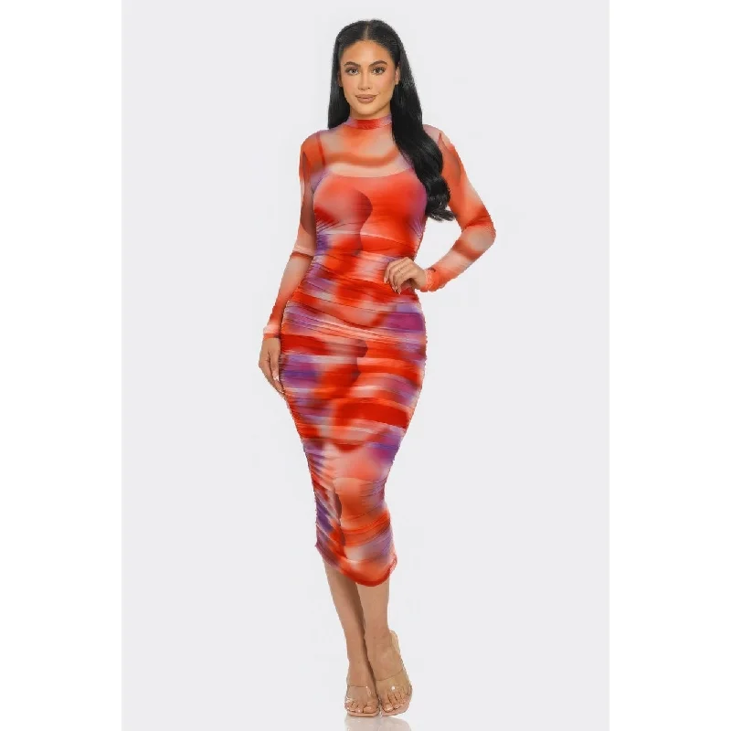 cotton midi dresses for casual -Midi dress with casual comfort,Summer Heat Print Mesh Ruched Midi Dress