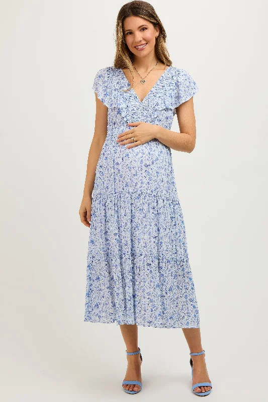 elegant midi dresses online -Elegant black midi dress,Blue Floral Front Ruched Ruffle Shoulder Tiered Maternity Midi Dress