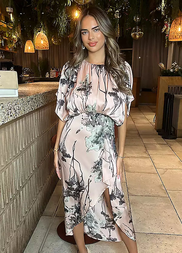 long sleeve midi dresses for events -Casual midi dress for work,Dusty Pink Printed Batwing Top Wrap Skirt Midi Dress