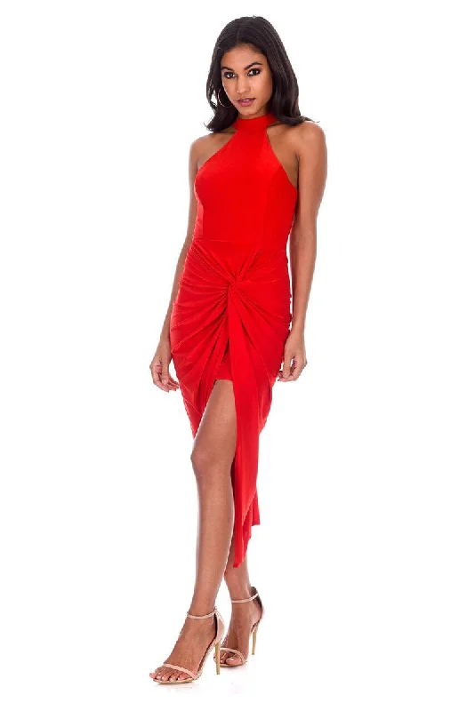 vintage midi dresses for sale -Midi dress with cap sleeves,Red Ruched Wrap Midi Dress