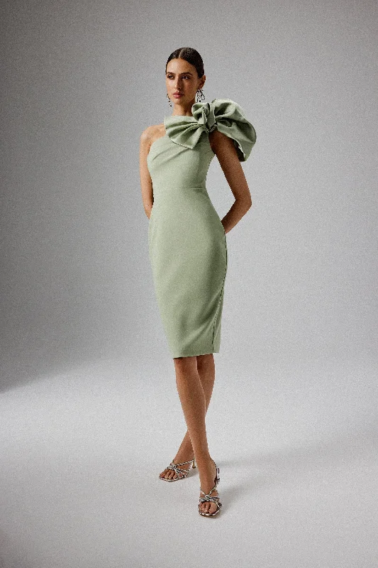 long sleeve midi dresses for date -Midi dress with metallic threads,TAYTE One Shoulder Detail Midi Dress in Sage Green