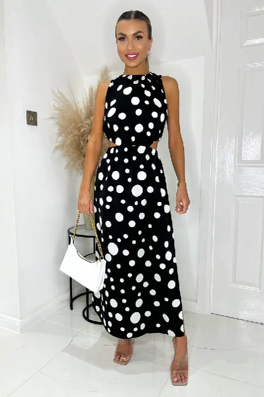 lace midi dresses for women -Midi dress with one shoulder,Black And White Polka Dot Cut Out Midi Dress