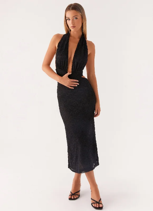 cotton midi dresses for party -Midi dress with tie waist,Charismatic Lace Midi Dress - Black