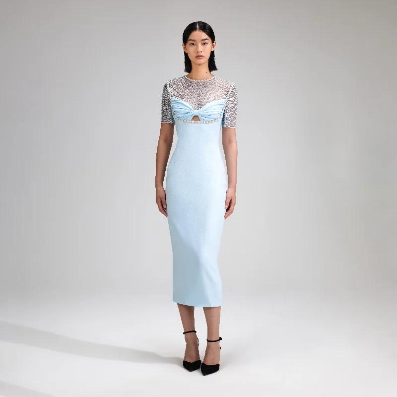 affordable midi dresses for women -Midi dress with plunging neckline,Blue Crepe Diamante Midi Dress