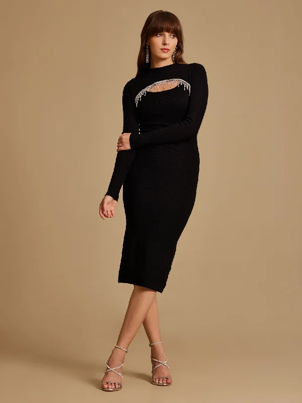 stylish midi dresses for sale -Midi dress with cowl neck,Embellishmed Winter Midi Dress