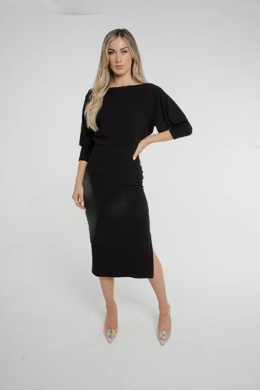 vintage midi dresses for women -Midi dress with vintage inspiration,Alana Off Shoulder Midi Dress In Black