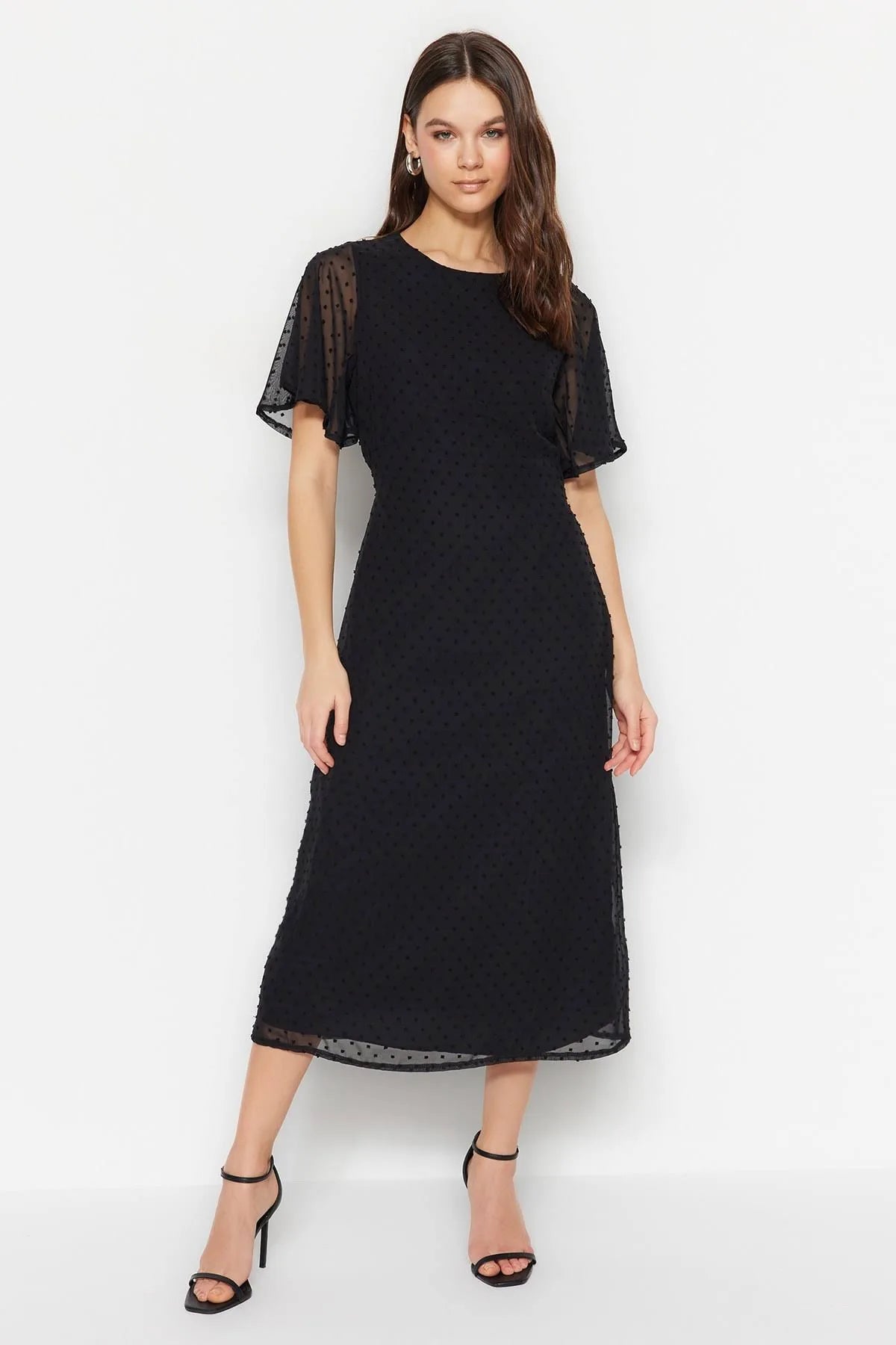 floral midi dresses for party -Midi dress with illusion neckline,Black Woven Flared Sleeves Midi Dress