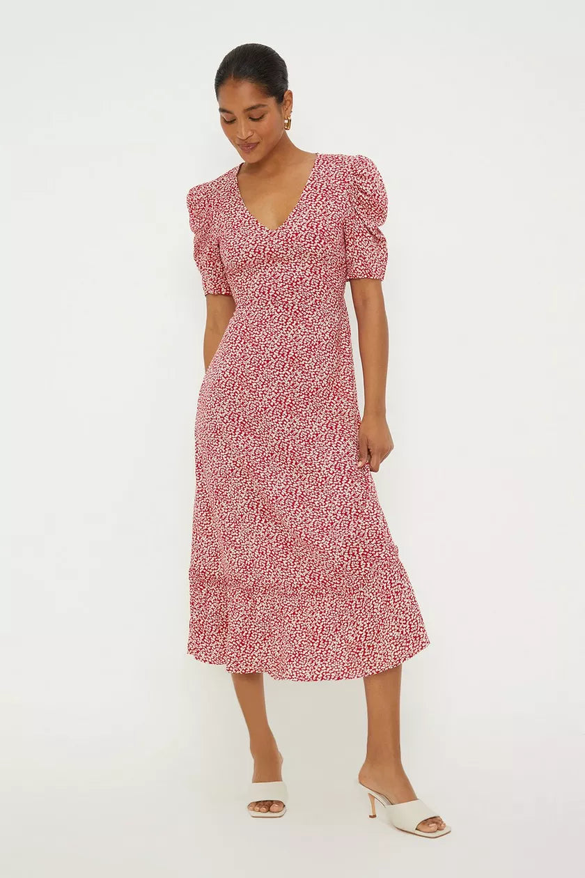 lace midi dresses for sale -Midi dress with sweetheart neckline,Red Disty Floral Puff Sleeve Midi Dress