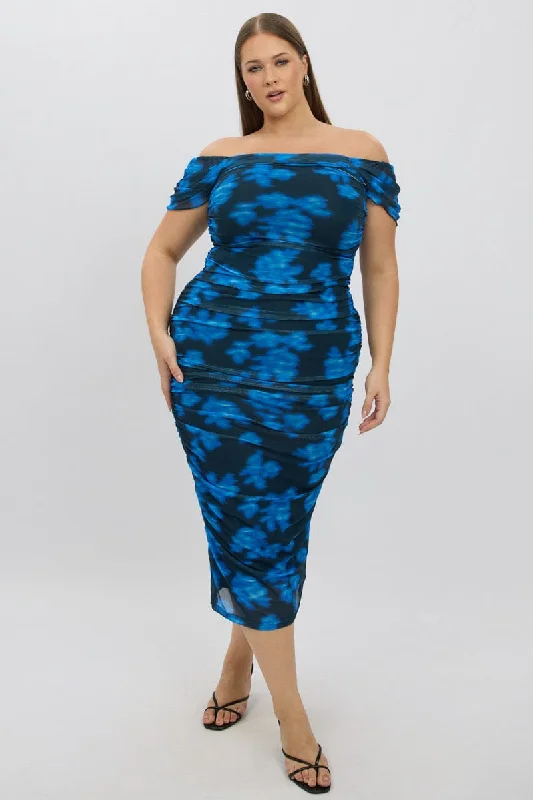 floral midi dresses for party -Midi dress with modern design,Blue Abstract Midi Dress Off Shoulder Ruched Mesh