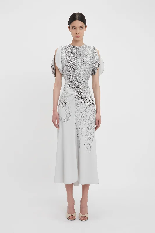 long sleeve midi dresses online -Midi dress with illusion neckline,Gathered Waist Midi Dress In Grey Mist-Silver Chain Print