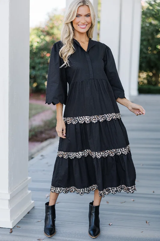 affordable midi dresses for summer -Midi dress with zen vibes,Perfectly Paired Black Leopard Midi Dress