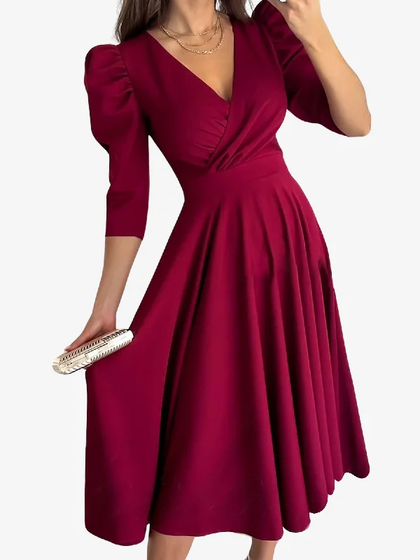 sparkly midi dresses for women -Midi dress with sheer panels,Solid Color V-Neck Puff Sleeve A-Line Midi Dress