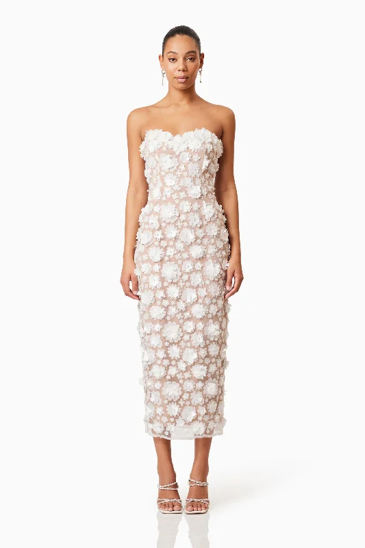 designer midi dresses for women -Midi dress with gingham print,Bluebell Strapless 3D Midi Dress in White