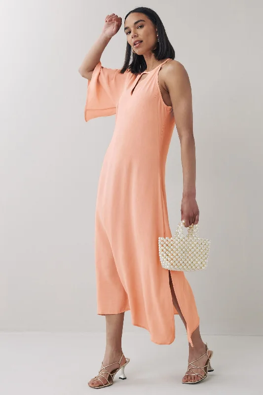 elegant midi dresses for women -Midi dress with knot front,One Shoulder Midi Dress Blush