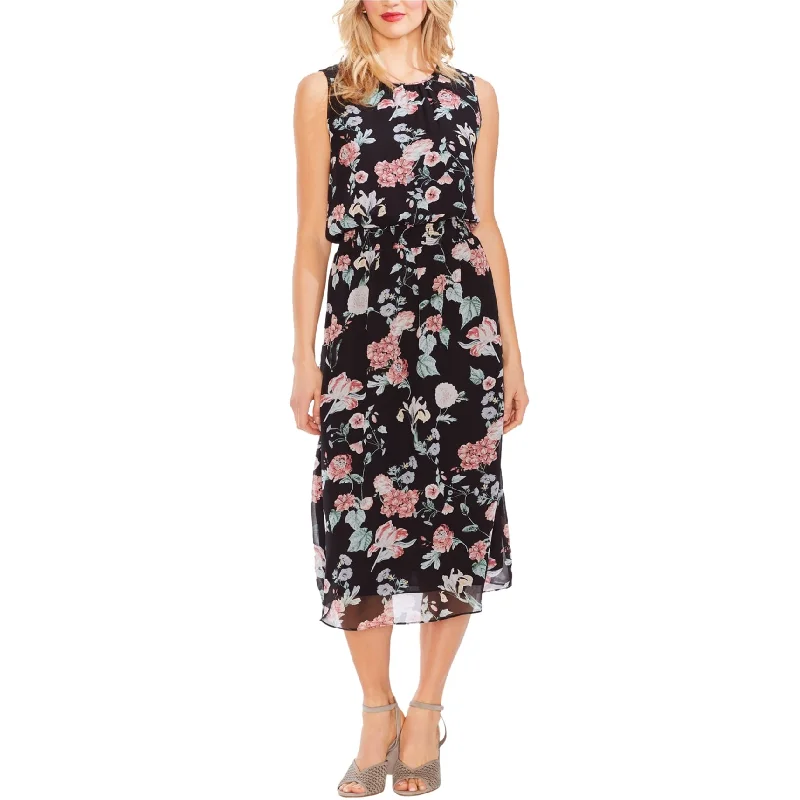 stylish midi dresses for party -Midi dress with high neckline,Vince Camuto Womens Floral Midi Dress, Black, Small