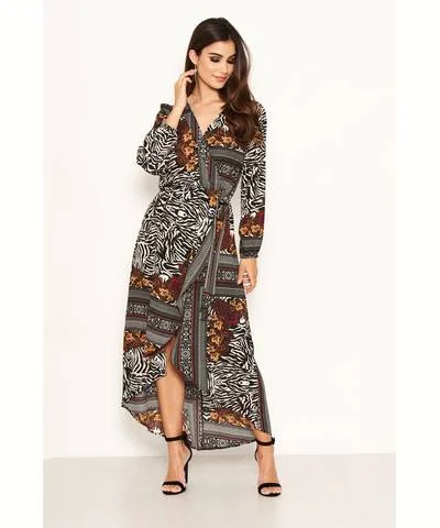 cheap midi dresses for party -Midi dress with fringe details,Zebra Mixed Print Wrap Midi Dress