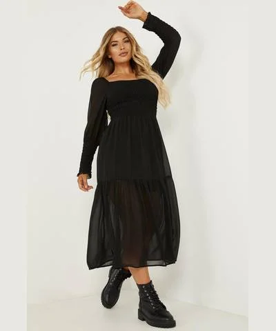 lace midi dresses for women -Midi dress with lace-up front,Black Chiffon Shirred Tiered Midi Dress