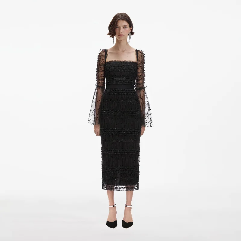 cheap midi dresses online -Midi dress with retro flair,Black Dot Mesh Midi Dress