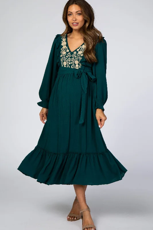 affordable midi dresses for summer -Casual midi dress for work,Emerald Floral Embroidered Ruffled Maternity Midi Dress