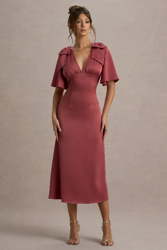 velvet midi dresses for women -Midi dress with voluminous sleeves,Danna | Rose Pink Satin V-Neck Short-Sleeve Midi Dress