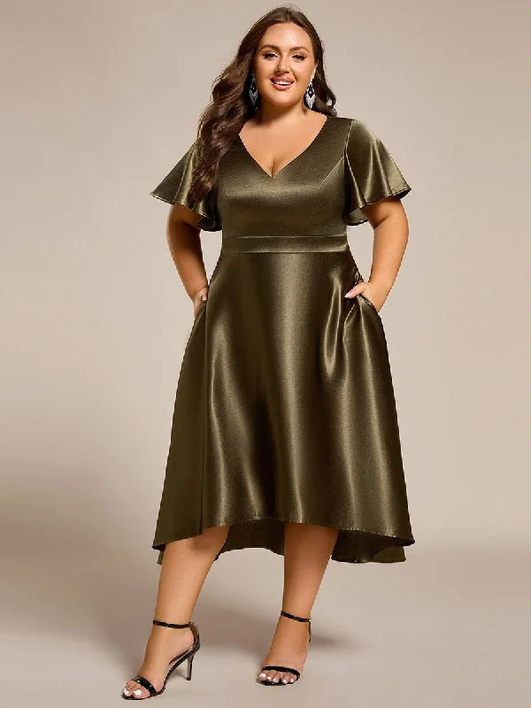 boho midi dresses for party -Midi dress with zen vibes,Plus Size Satin Midi Wedding Guest Dress with Pockets