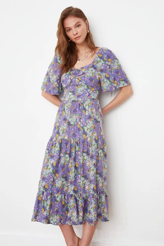 velvet midi dresses for summer -Midi dress with glam touch,Purple Floral Woven Midi Dress