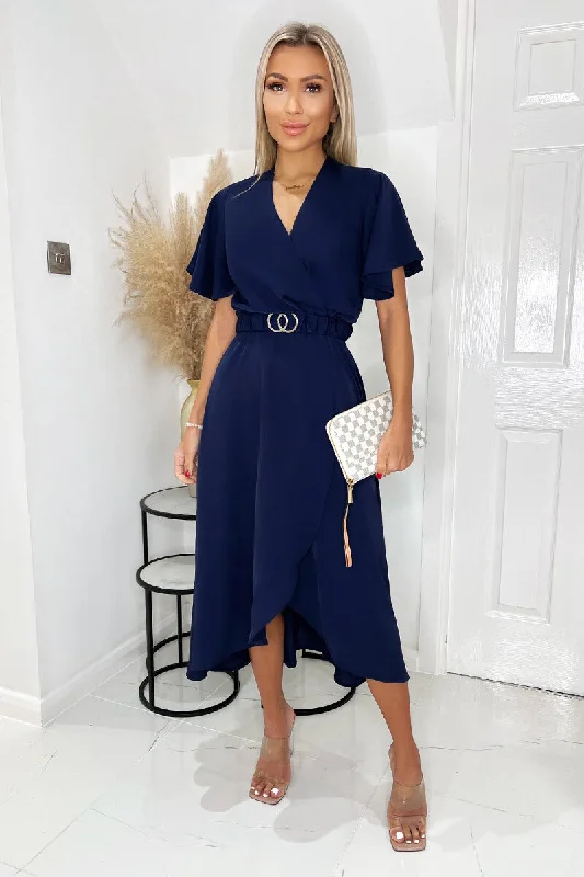 casual midi dresses for teens -Midi dress with retro flair,Navy Short Sleeve Belted Wrap Midi Dress